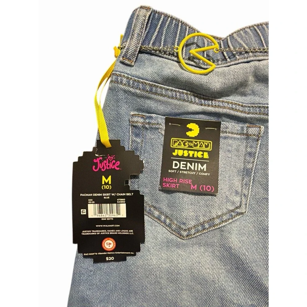 Justice Pac-Man Denim Skirt Girls M 10 High Rise Chain Belt Blue‎ NWT